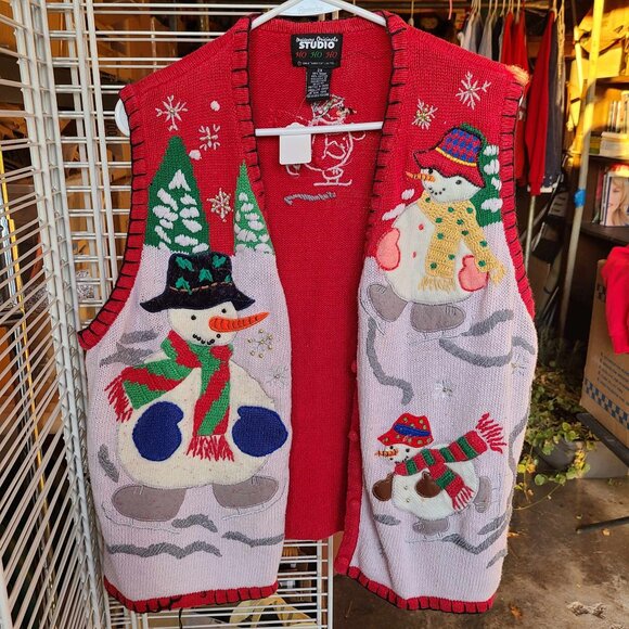 Designers Originals Studio - Ho Ho Ho Sweaters - Vintage Festive Snowmen "Ugly Christmas Sweater" Vest - Womens 2X